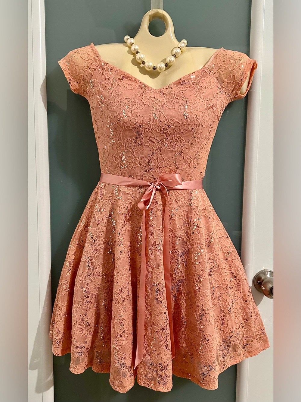 Lace Fit-and-Flare Dress with Satin Belt - Dusty Rose
